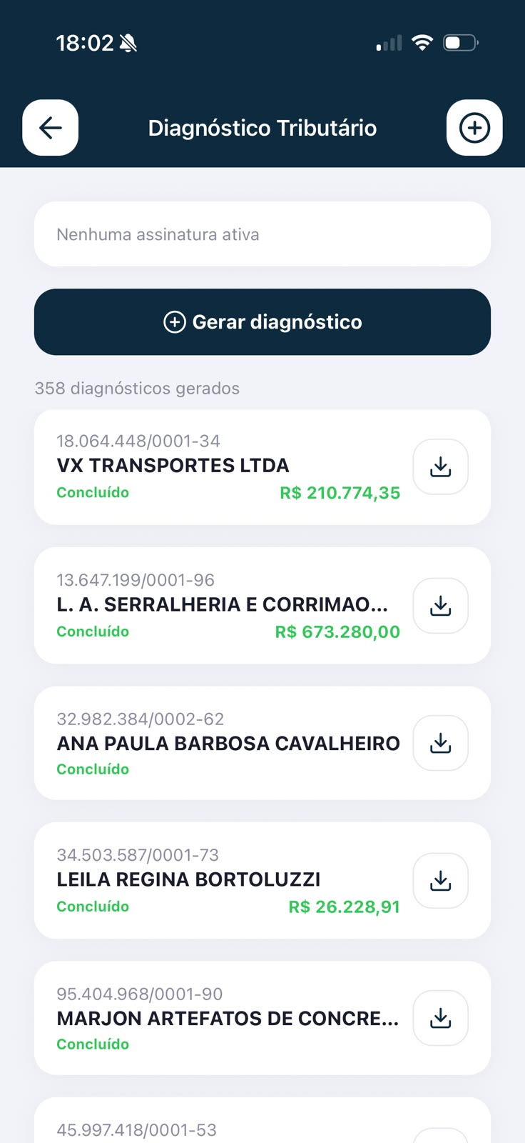 App Maion com lista de diagnósticos tributários gerados por CNPJ